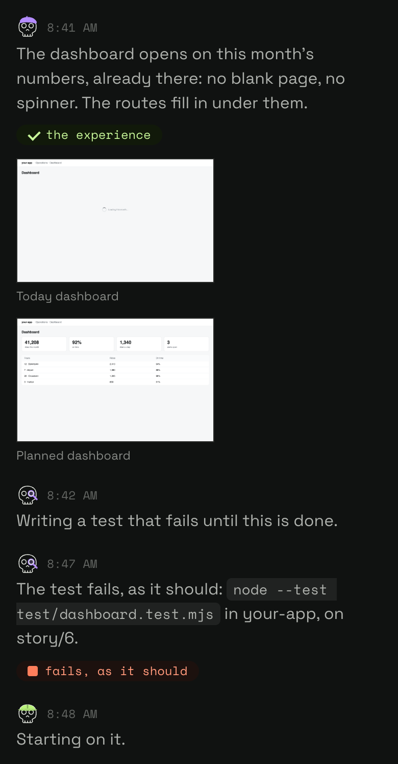 The designer says what you'll see, with frames of the dashboard today and as planned; the tester's test fails, as it should; the engineer starts on it.