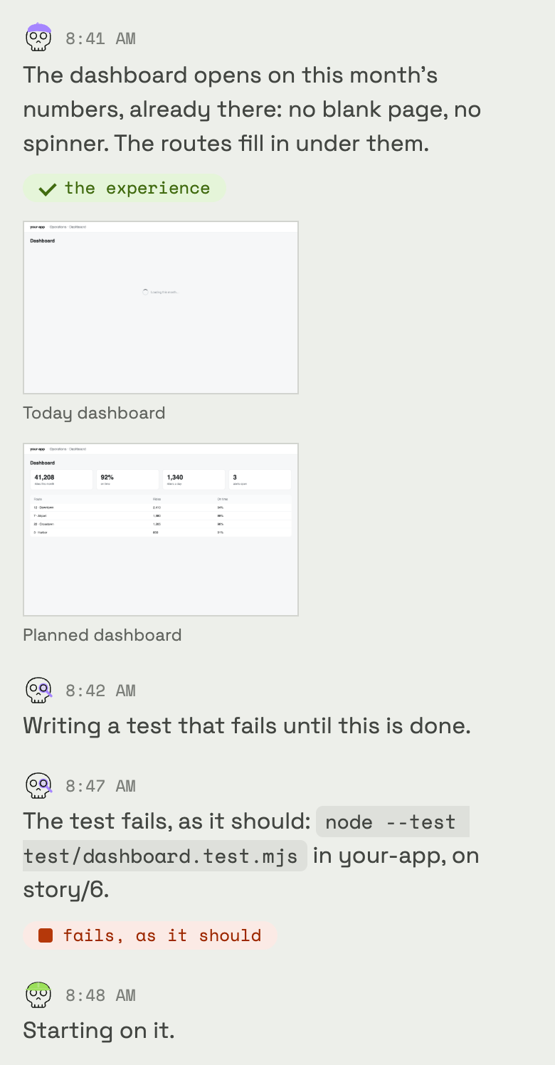The designer says what you'll see, with frames of the dashboard today and as planned; the tester's test fails, as it should; the engineer starts on it.